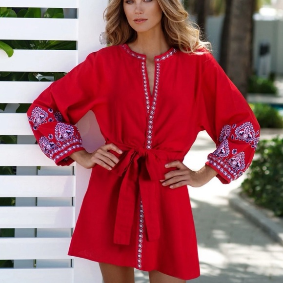 Melissa Odabash NWOT Tania Red Kaftan Dress Large Embroidered Tie Waist - Picture 16 of 16